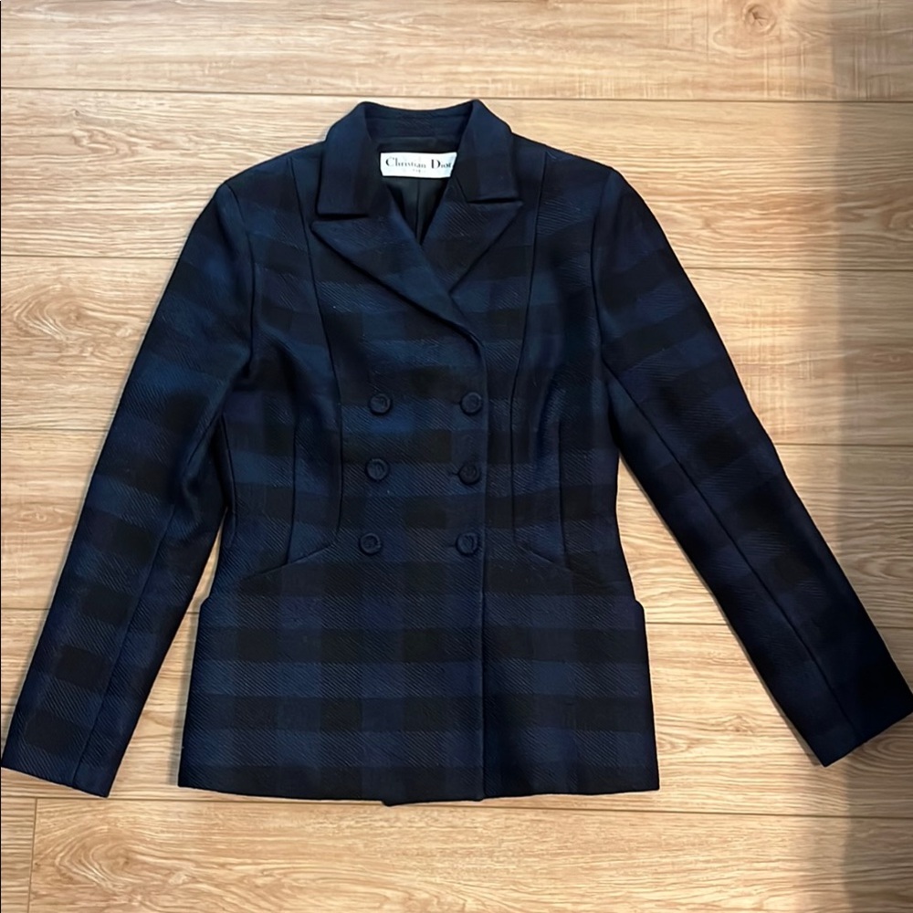 Dior black and blue plaid wool blend bar jacket